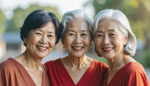 還暦祝いで赤いドレスを着た60歳の女性 還暦祝いで赤いドレスを着た60歳の女性の写真