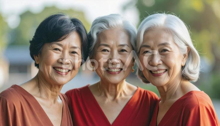 還暦祝いで赤いドレスを着た60歳の女性 還暦,赤,祝いの写真素材