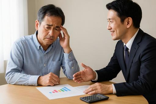 老後資金を相談する中年男性とFP 老後資金を相談する中年男性とFPの写真