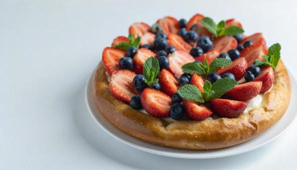 イチゴとブルーベリーとミントを載せたパンの写真