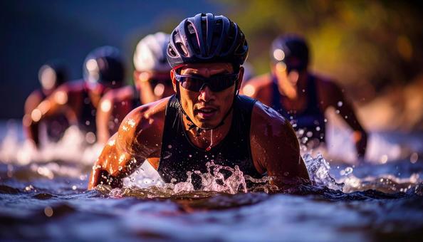 トライアスロン 一斉に水に飛び込む選手 トライアスロン 一斉に水に飛び込む選手の写真