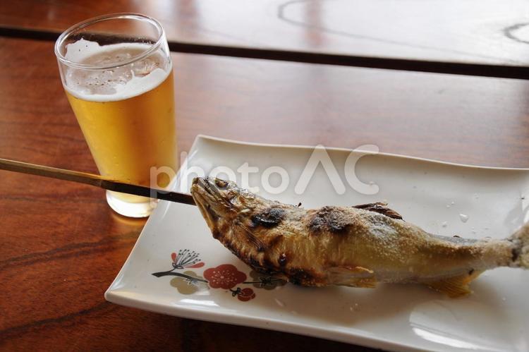 鮎の塩焼きとビール 鮎,魚,塩焼きの写真素材