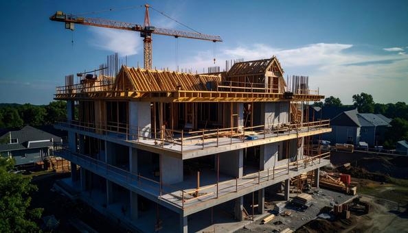 建設中のビルの屋上　青空の写真