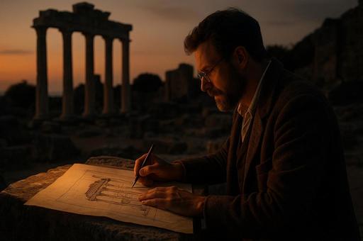 夕暮れの遺跡と人物の素描 夕暮れの遺跡と人物の素描の写真