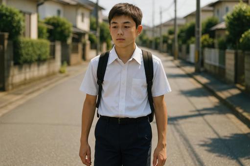 夏の日の帰り道を歩く中学生 夏の日の帰り道を歩く中学生の写真