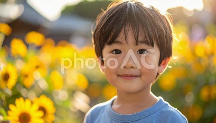 ヒマワリを背景にした少年のポートレート ヒマワリ,花,少年の写真素材