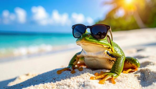 サングラスをかけたカエルの砂浜日光浴の写真