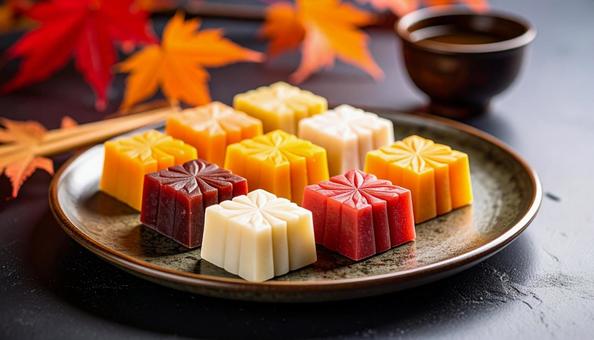 秋の紅葉と和菓子 秋の紅葉と和菓子の写真