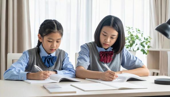 塾で勉強する笑顔の日本人の女の子 塾で勉強する笑顔の日本人の女の子の写真