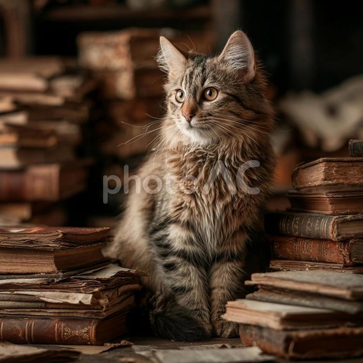 たくさんの本と猫 ねこ,ペット,動物の写真素材