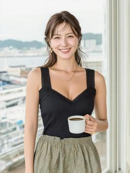 モーニングコーヒーを楽しむ女性 モーニングコーヒーを楽しむ女性の写真