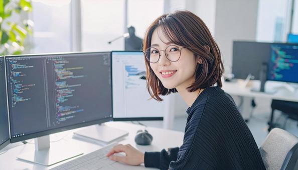 プログラミングをする女性エンジニア プログラミングをする女性エンジニアの写真