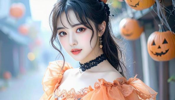ハロウィンの仮装 女性 オレンジ色ドレス ハロウィンの仮装 女性 オレンジ色ドレスの写真