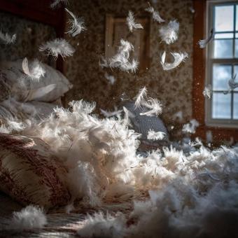 枕から舞い上がる羽根の幻想的な光景 枕から舞い上がる羽根の幻想的な光景の写真