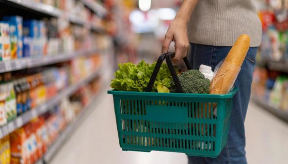 買い物かごを持って買い物する女性の手 買い物かごを持って買い物する女性の手の写真
