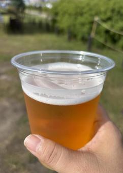アウトドアでのビール ビール,飲み物,プラカップの写真素材