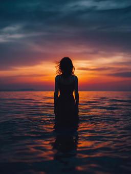 幻想的な夕焼けに染まる海と女性の背中 幻想的な夕焼けに染まる海と女性の背中の写真