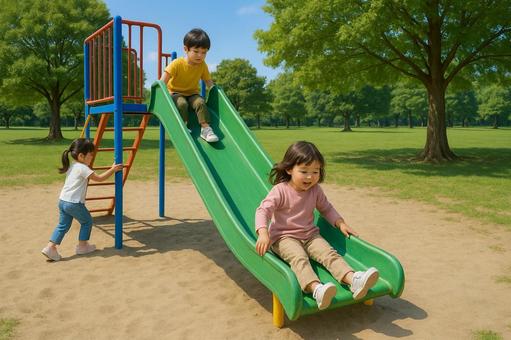 子育て 公園の滑り台で遊ぶ子供たち 子育て 公園の滑り台で遊ぶ子供たちの写真