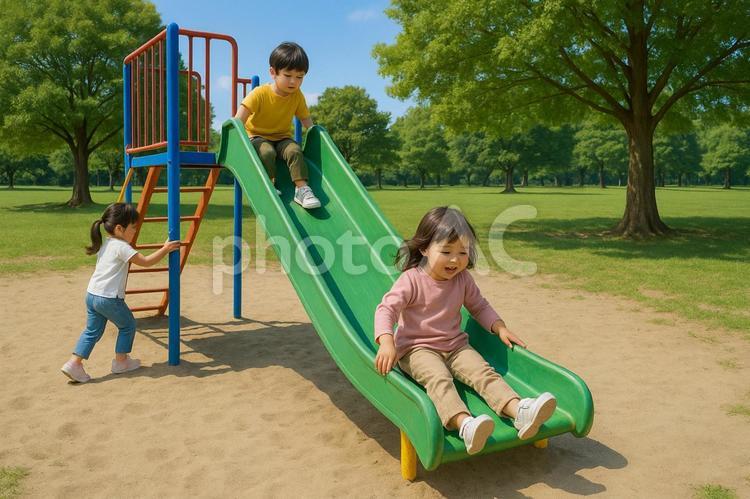 子育て　公園の滑り台で遊ぶ子供たち 子供,滑り台,男の子の写真素材