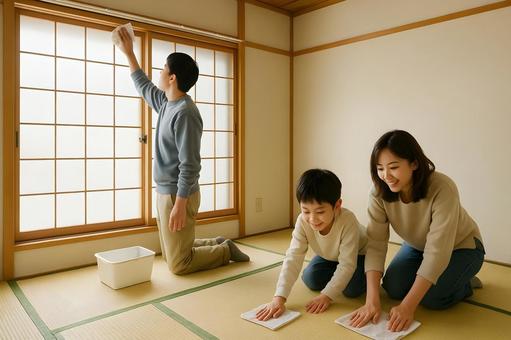 畳の部屋で大掃除の写真