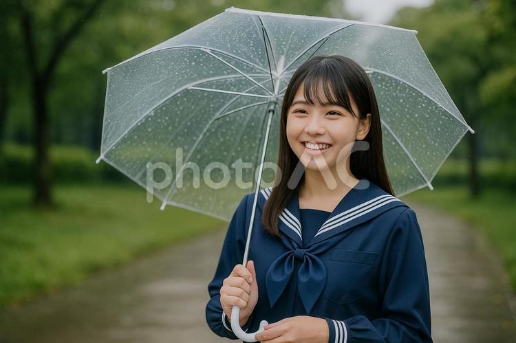 雨の日のセーラー服女性 女性,雨,傘の写真素材