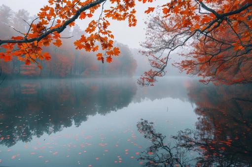 湖面に映る紅葉の枝葉 湖面に映る紅葉の枝葉の写真