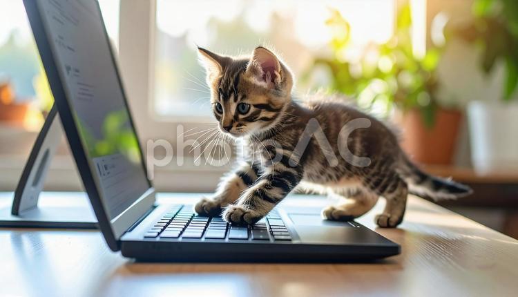 ノートPCのキーボードを踏む子猫 子猫,ノート,pcの写真素材