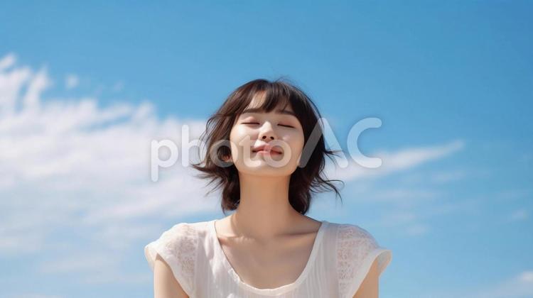 AI生成美女・青空の下で瞑想する美女 ai,ai生成,美女の写真素材