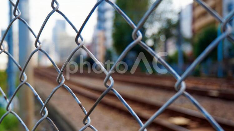 線路脇の金網　フェンス 金網,フェンス,金属の写真素材
