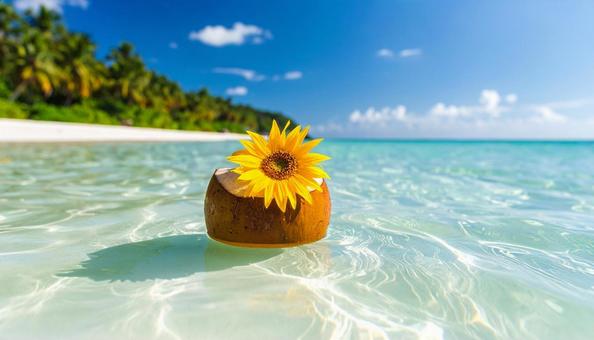 きれいな海を漂うココナツとひまわりの花 きれいな海を漂うココナツとひまわりの花の写真