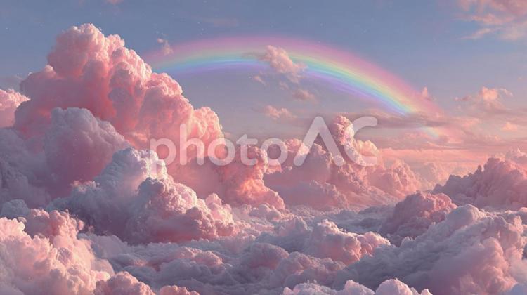 朝日（または夕日）に染まる雲と虹の絶景 虹,パステルカラー,空の写真素材