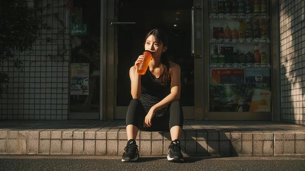 運動後に水分補給する健康志向の女性 運動後に水分補給する健康志向の女性の写真