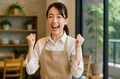 喜んでるウェイトレス女性・カフェスタッフの写真