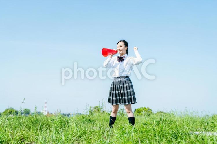 メガホンを持って応援する高校生 高校生,応援,メガホンの写真素材