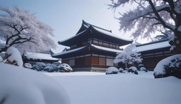 大雪が降った翌日の朝の日本庭園 大雪が降った翌日の朝の日本庭園の写真