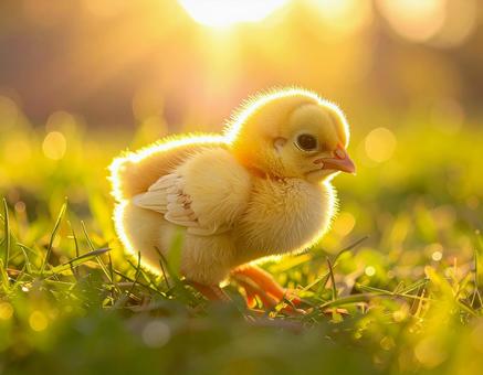 草むらを歩くかわいいひよこの写真