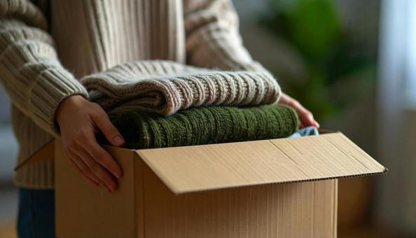 段ボールに古い衣類を詰めた女性の手 段ボールに古い衣類を詰めた女性の手の写真