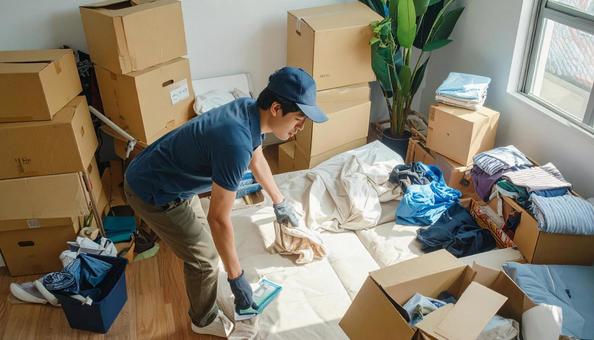 散らかった部屋の片付けをする男性作業員 散らかった部屋の片付けをする男性作業員の写真