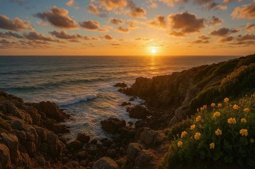 夕焼けに映える海岸の風景 夕焼けに映える海岸の風景の写真
