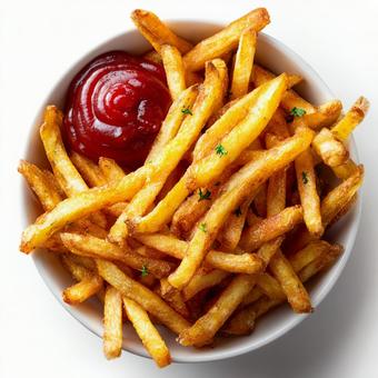 たくさんのポテトフライとケチャップ たくさんのポテトフライとケチャップの写真