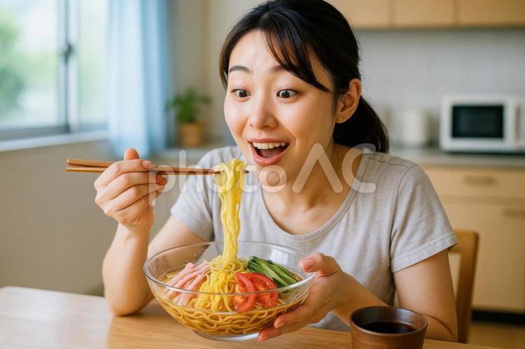 冷やし中華を食べる女性 女性,日本,夏の写真素材