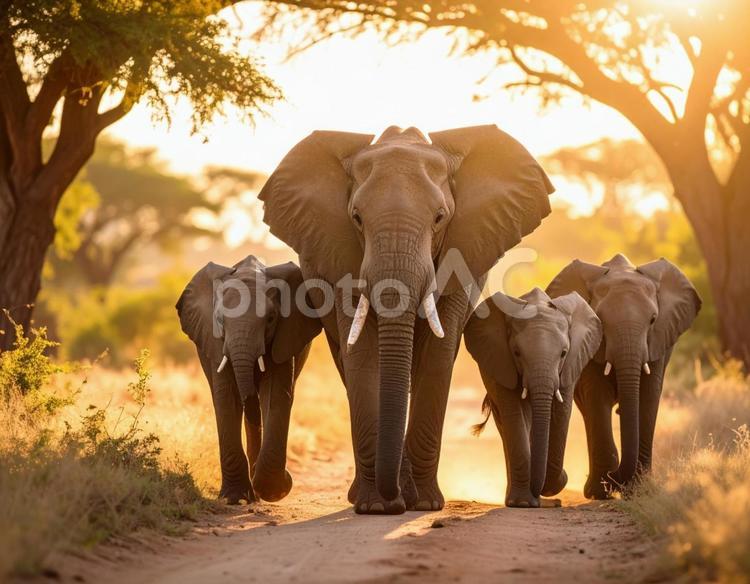 象の親子　夕暮れ時のサバンナを歩く3 象,親子,動物の写真素材