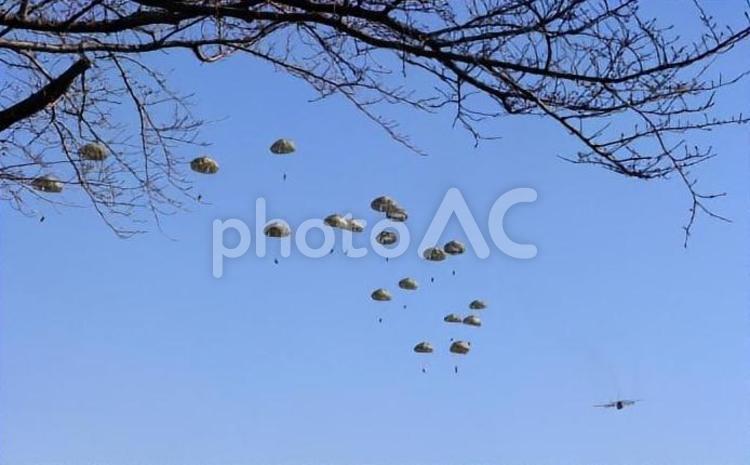 落下傘降下（習志野演習場） 落下傘,降下訓練,輸送機の写真素材