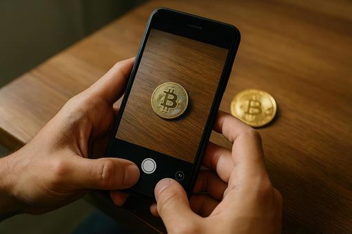ビットコインを撮影する手 ビットコインを撮影する手の写真