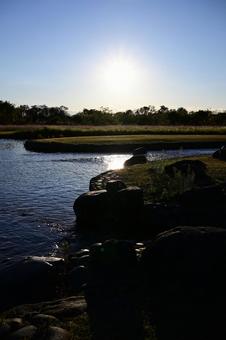 秋のきざし 秋日,鬼怒川,夕暮れの写真素材