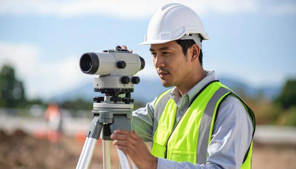 測量器械で工事予定地の工程測量をする男性 測量器械で工事予定地の工程測量をする男性の写真