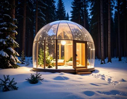 夜の森のガラスドームの写真