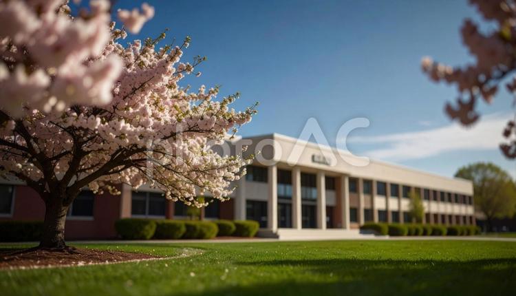 桜と青空と小学校の白い校舎 桜,花,空の写真素材