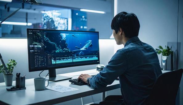 動画編集する男性 動画編集する男性の写真