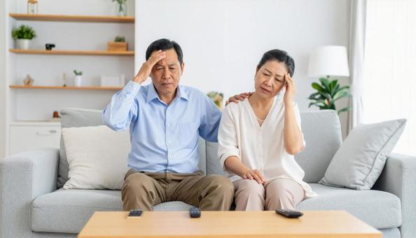 家で体調不良の日本人シニア夫婦 家で体調不良の日本人シニア夫婦の写真